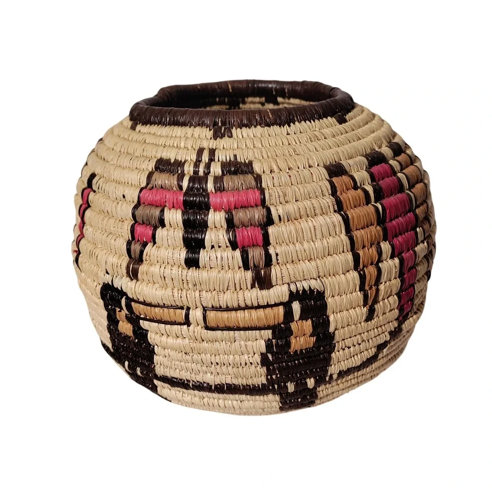 Hopi Style Coiled Woven Basket Globular Olla Pink Brown Geometric 5.5